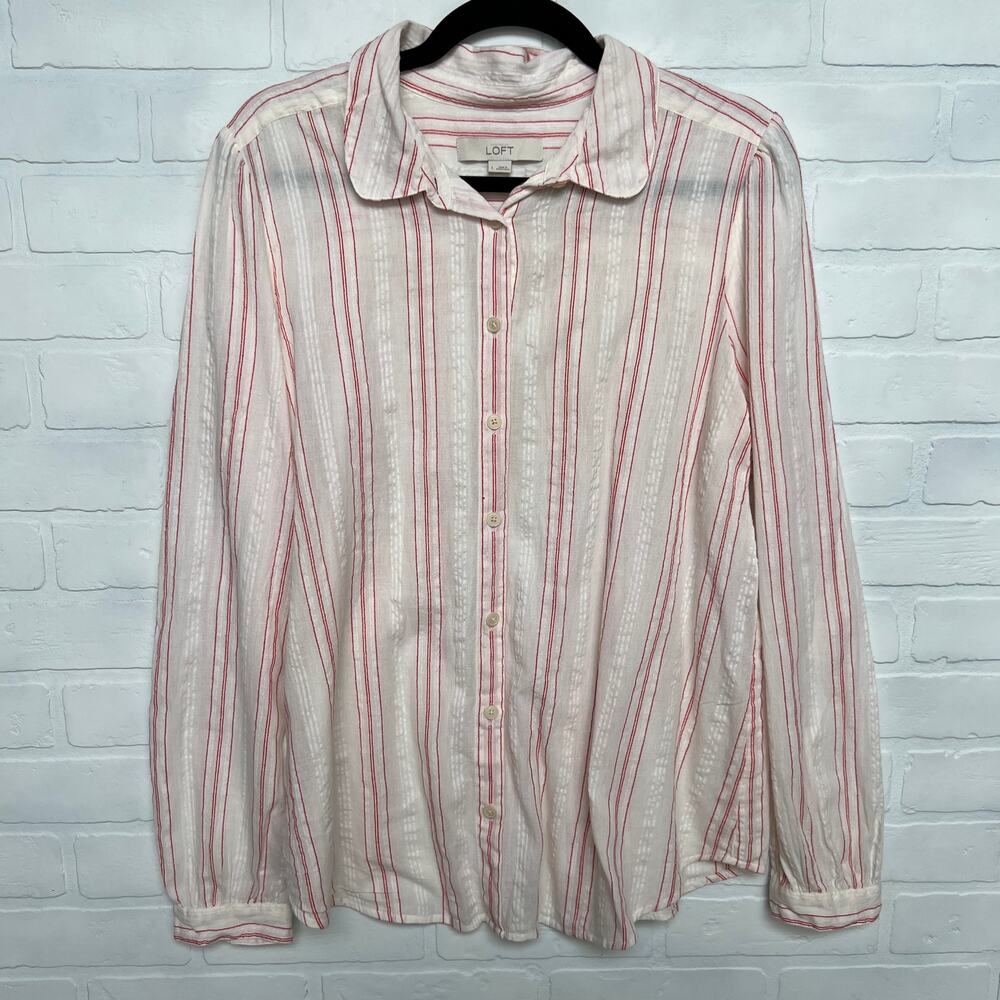 LOFT Vertical Red Pinstripe 100% Cotton Soft Button Down Shirt Top-sz L